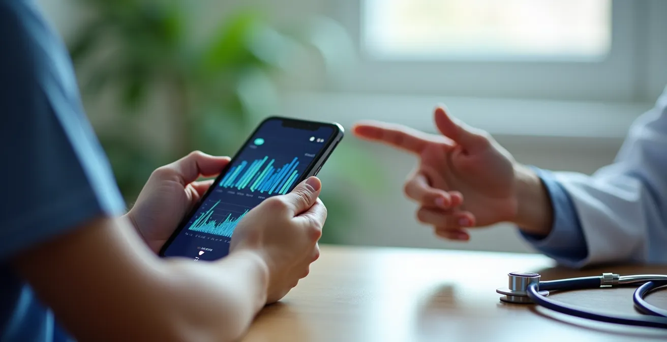 Mani che tengono smartphone con grafico pressione sanguigna visibile da lontano