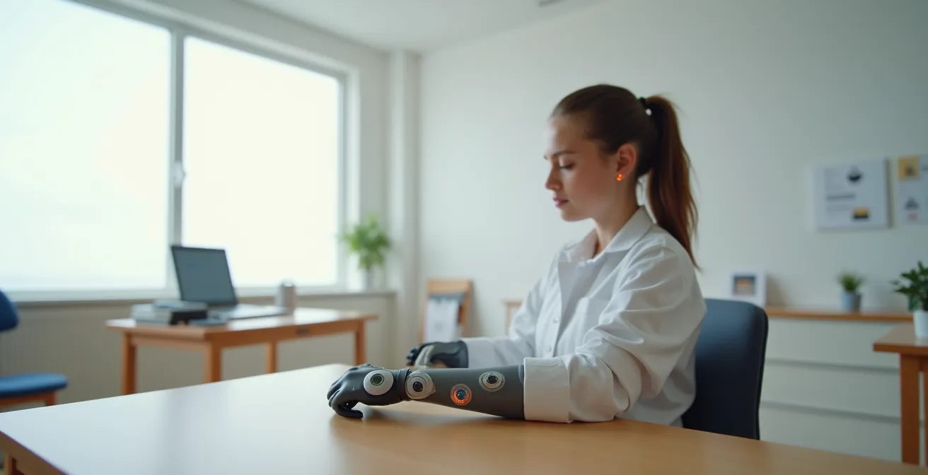 Vista laterale di un bambino che controlla una protesi mioelettrica attraverso contrazioni muscolari
