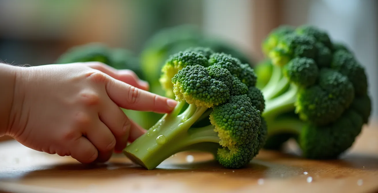Bambino che osserva e tocca con curiosità diverse verdure colorate sul tavolo