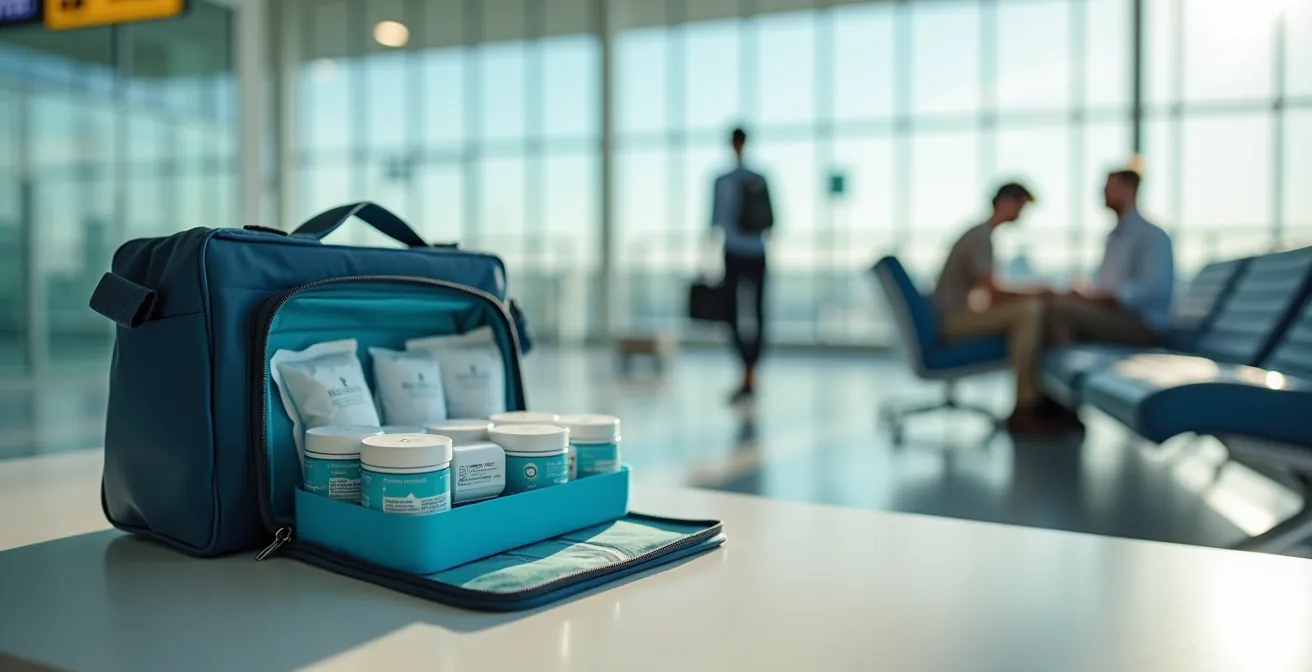 Borsa termica aperta con gel refrigeranti e contenitori farmaci per viaggio aereo