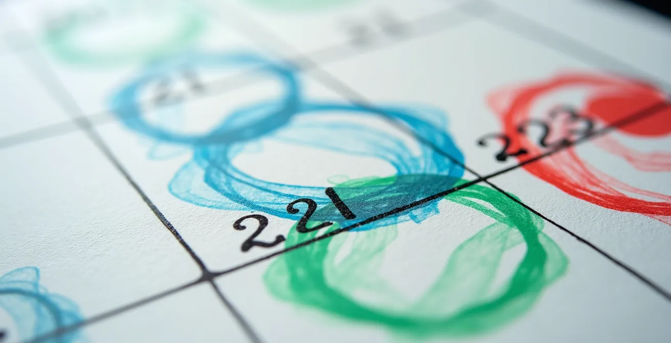 Vista macro di un calendario con segni colorati per le scadenze delle ricette
