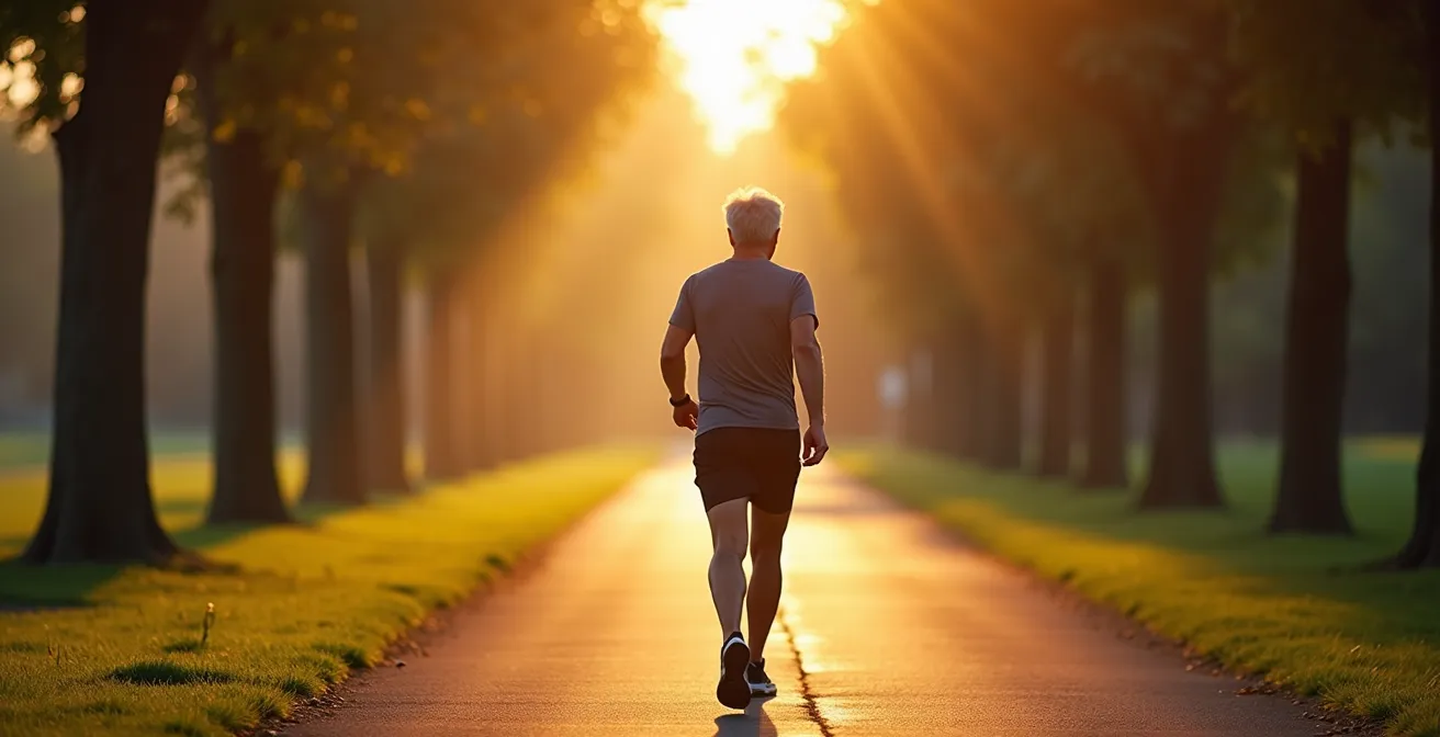 Persona anziana che cammina nel parco con smartwatch al polso