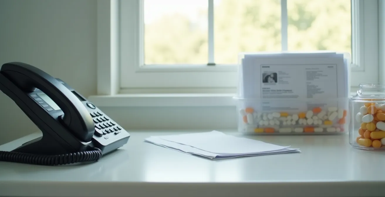 Ambiente domestico minimalista con telefono e documenti organizzati per emergenze