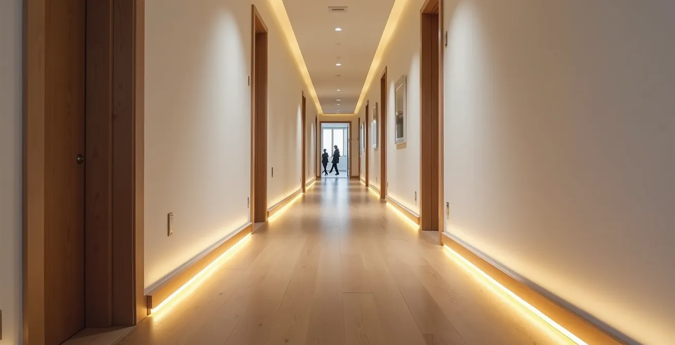Vista dall'alto di un corridoio domestico con illuminazione LED notturna e assenza di tappeti