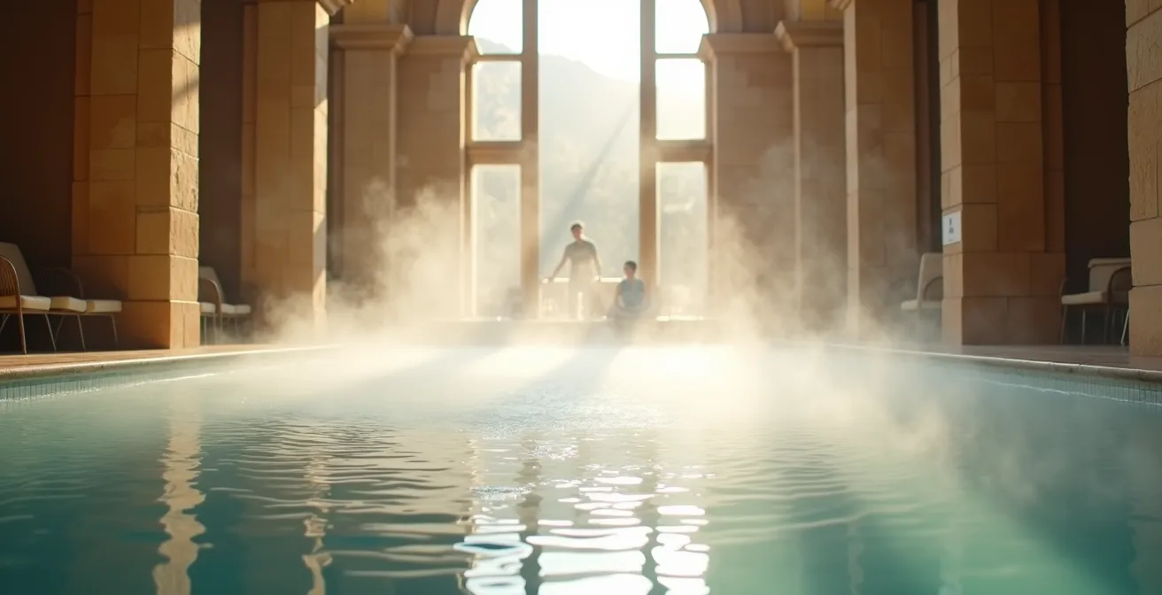 Ambiente termale con vapori naturali e architettura italiana tradizionale