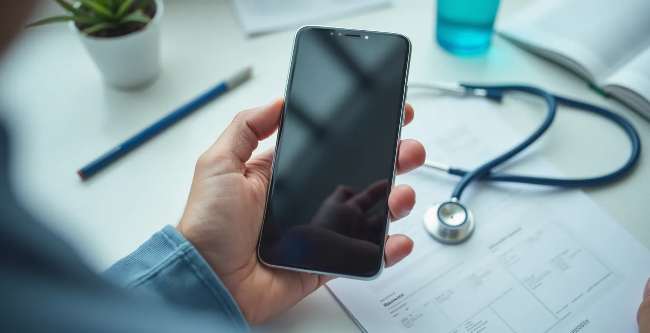 Mani che tengono smartphone con app mediche certificate, vista dall'alto