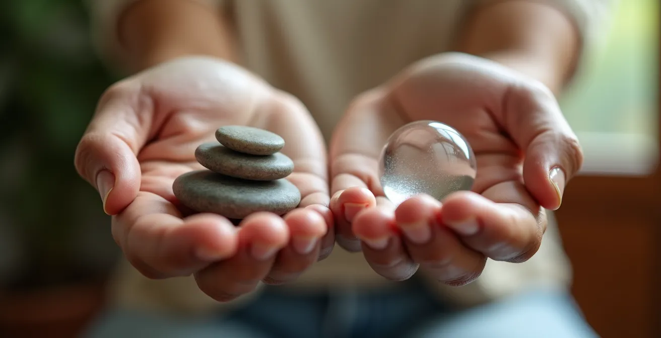 Mani che tengono diverse opzioni simboliche di percorsi terapeutici con elementi che suggeriscono accessibilità