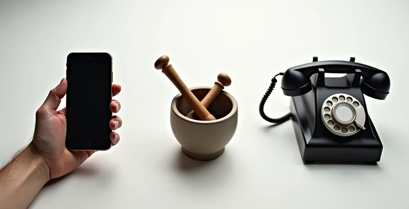 Comparazione visiva tra smartphone, farmacia e telefono per prenotazioni mediche