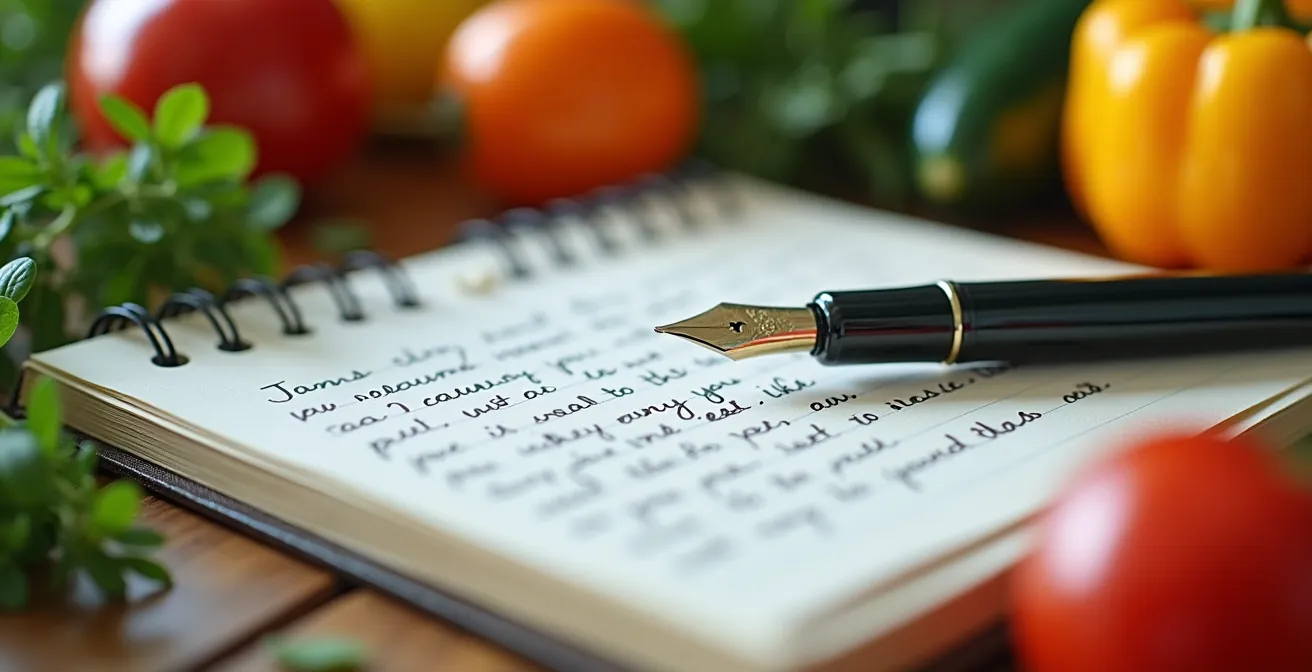 Diario alimentare aperto su tavolo con penna e cibi sani intorno