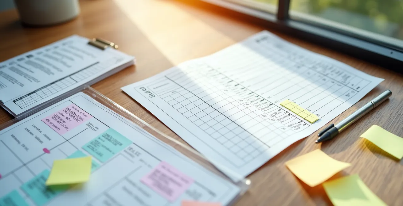 Documenti medici organizzati con timeline e post-it colorati su scrivania