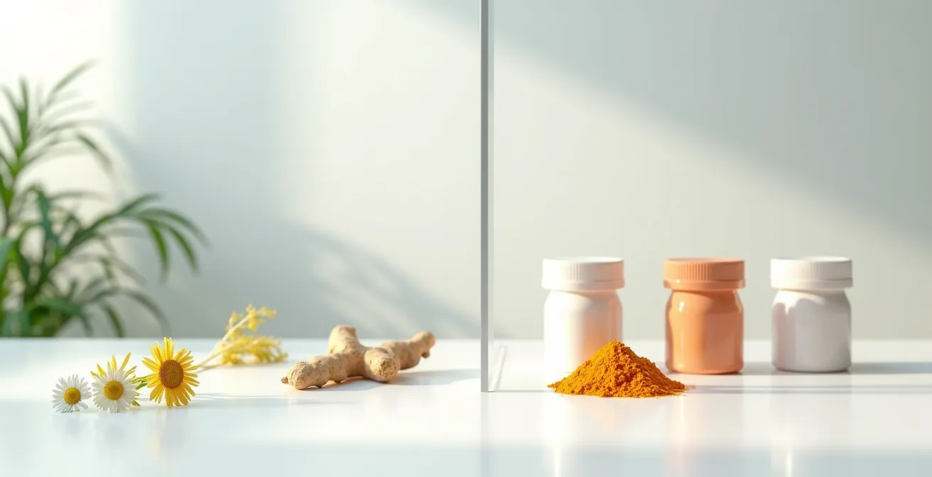 Composizione minimalista di erbe medicinali e contenitori farmaceutici neutri