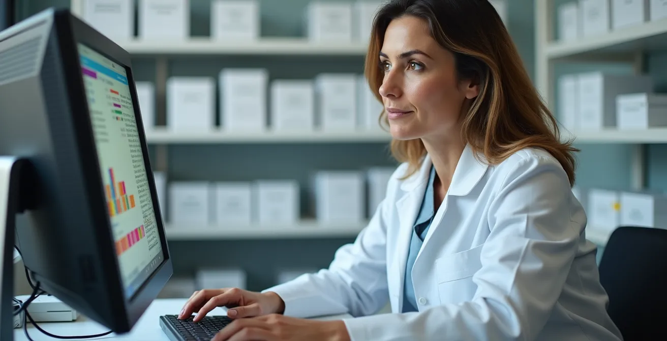 Farmacista al computer che gestisce il sistema per le ricette elettroniche