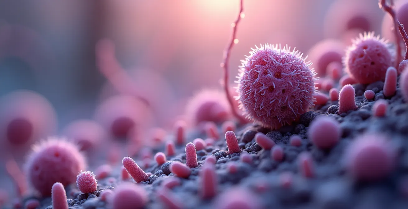 Rappresentazione microscopica stilizzata del microbioma intestinale