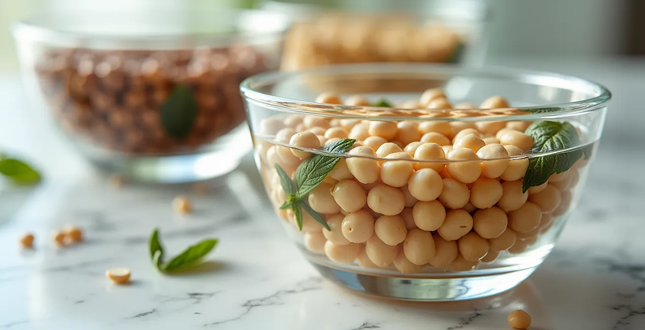 Ciotole di legumi in ammollo con alga kombu e foglie di alloro