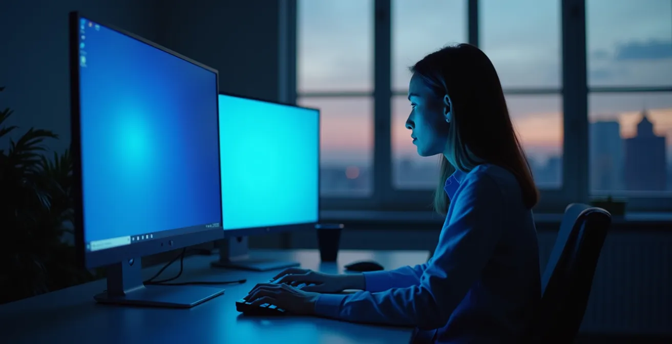 Persona al computer con riflessi di luce blu sul viso