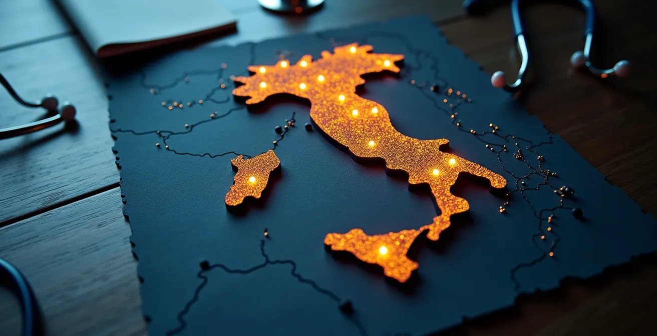 Vista aerea dell'Italia con punti luminosi che indicano i centri di eccellenza sanitaria