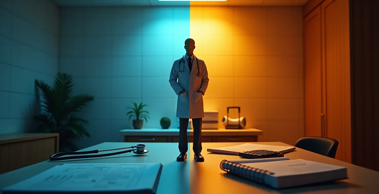 Medico di famiglia in ambulatorio con divisione simbolica tra pubblico e privato