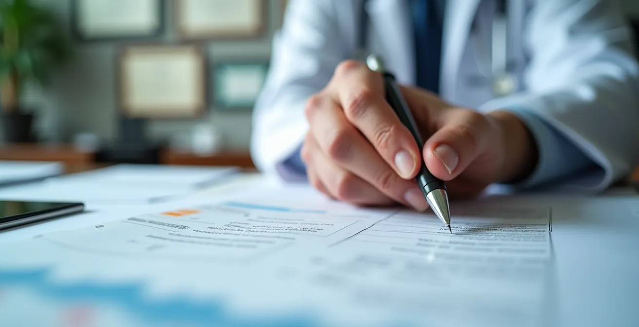Mani di medico specialista che firma un documento sanitario importante