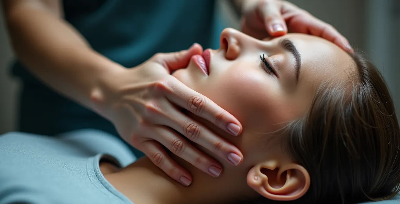 Mani dell'osteopata che eseguono manipolazione cranio-sacrale per cefalea