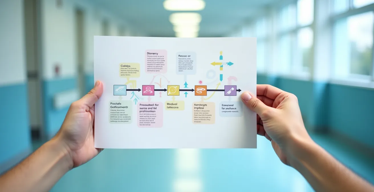 Mani che tengono un diagramma di flusso con frecce colorate che rappresentano un percorso di cura coordinato