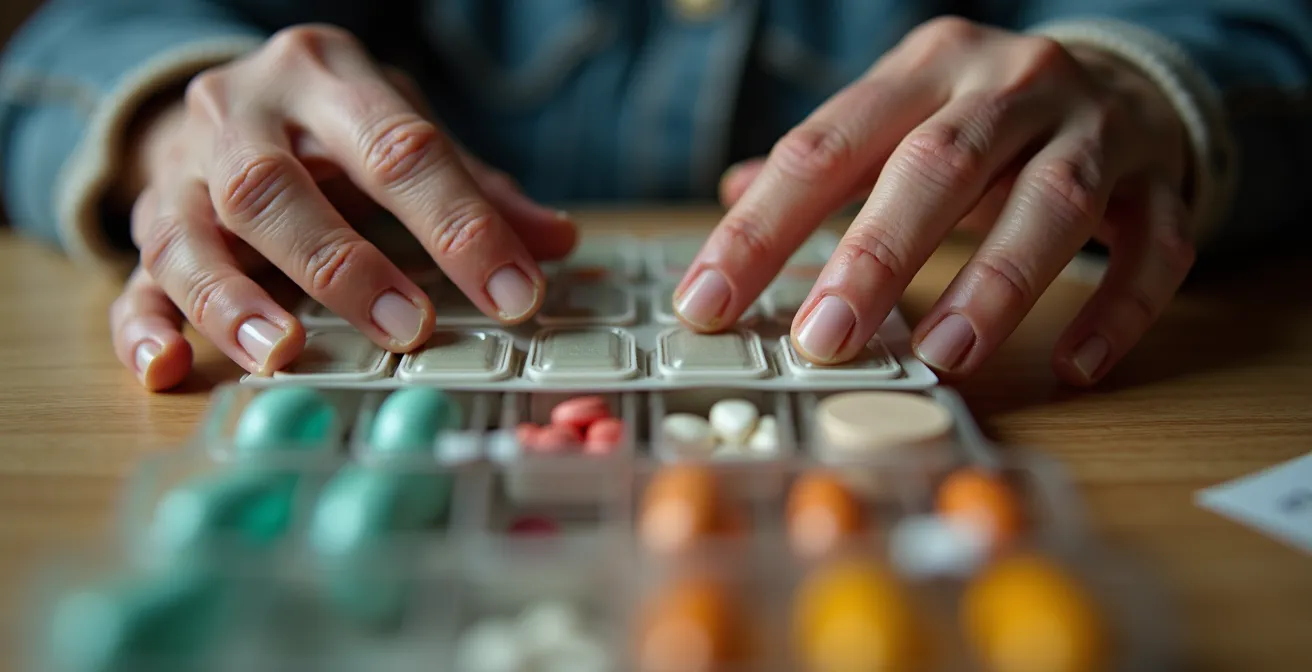 Dettaglio macro di mani anziane che organizzano farmaci in portapillole settimanale
