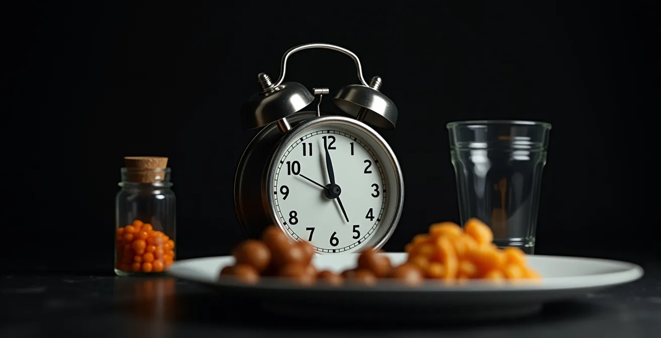 Orologio che mostra le 21 con piatto e medicinali per il reflusso