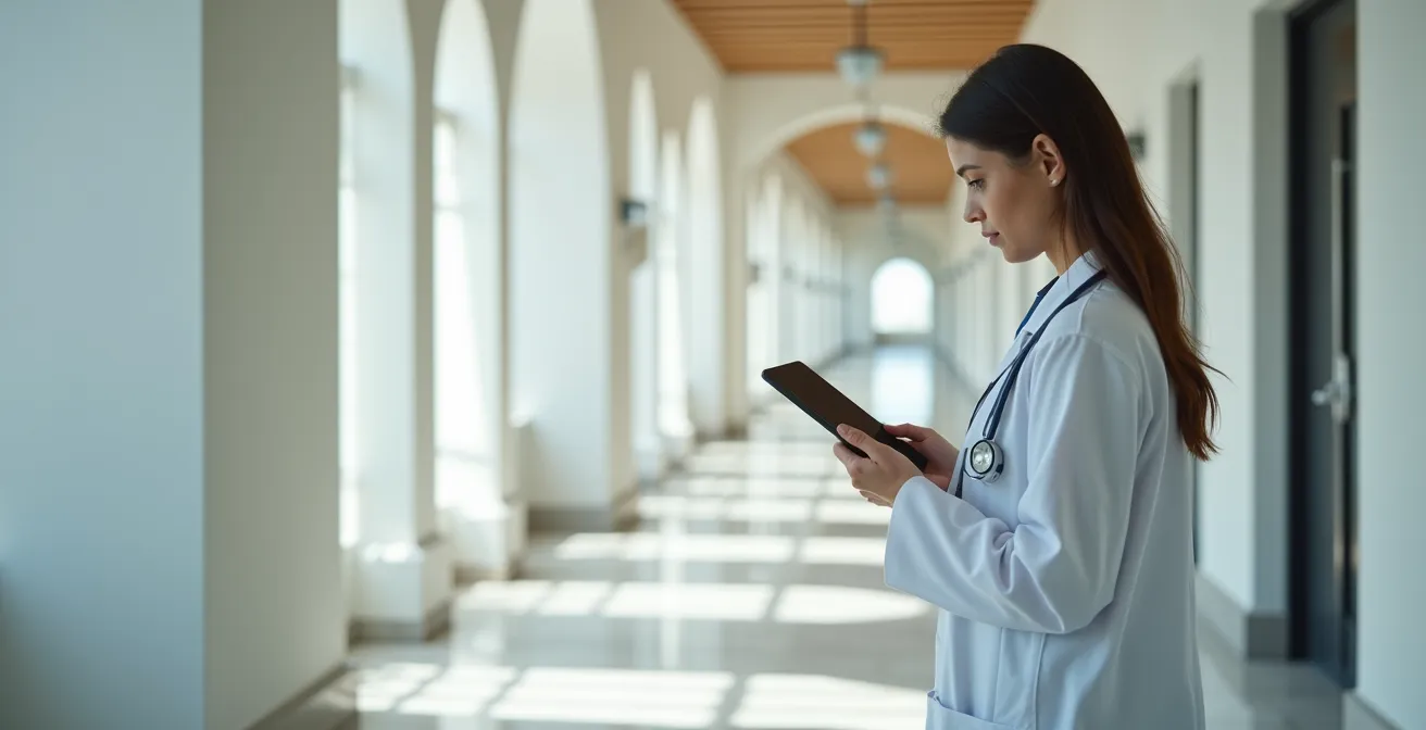 Professionista sanitario analizza dati ospedalieri su tablet in ambiente clinico