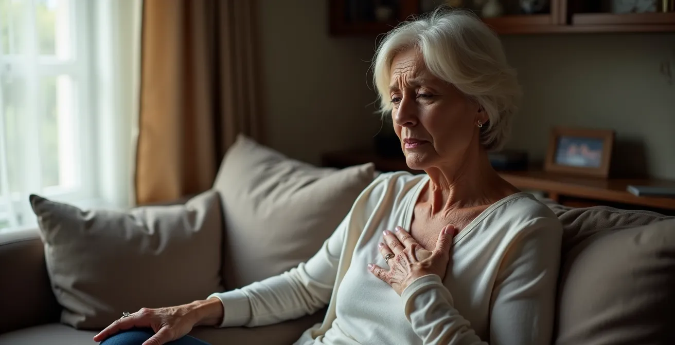 Donna over 50 con mano sul petto che mostra segni di malessere
