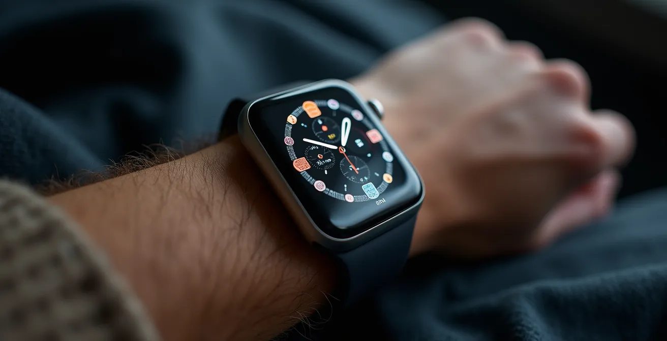 Dettaglio macro di smartwatch al polso con sensori visibili