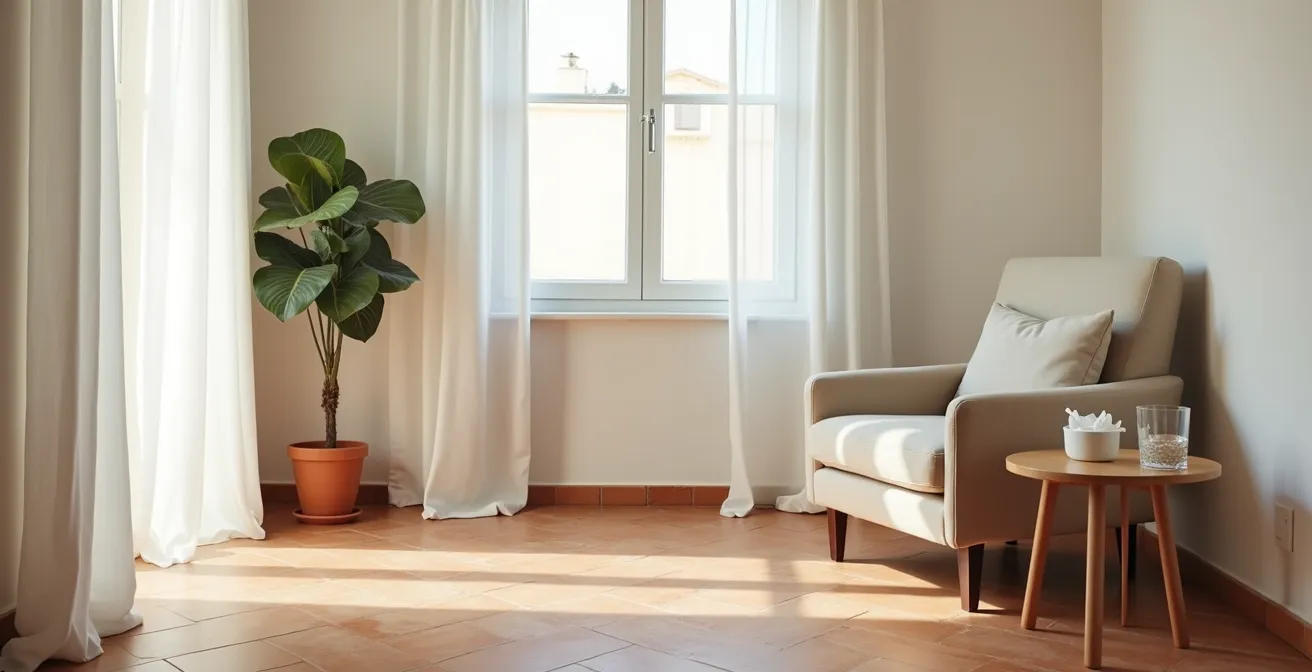 Angolo tranquillo di casa allestito per seduta di terapia online con elementi che suggeriscono privacy e comfort