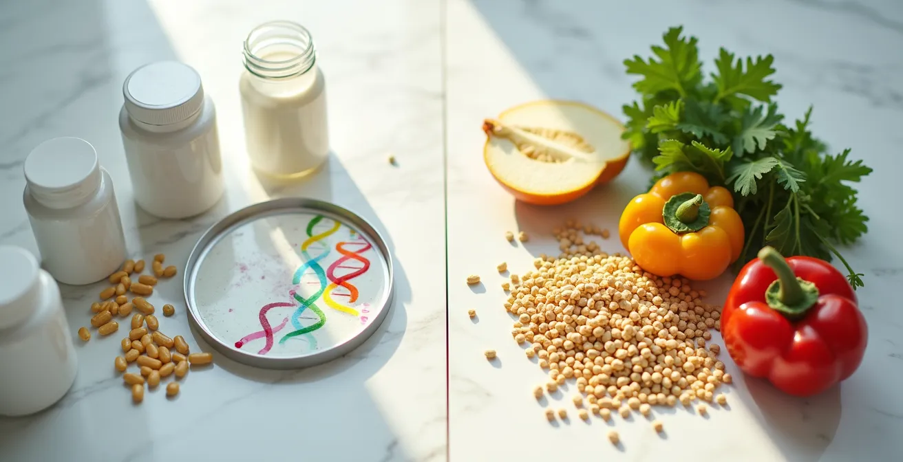 Rappresentazione simbolica del contrasto tra promesse di marketing nutrigenetico e realtà scientifica