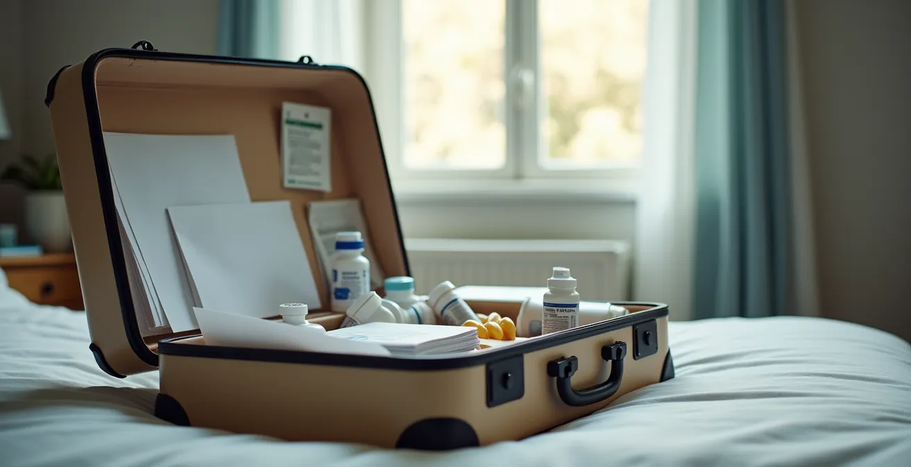 Valigia aperta con documenti sanitari organizzati per trasferimento