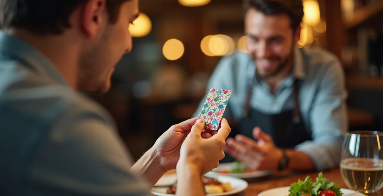 Viaggiatore che mostra una restaurant card per celiaci al cameriere in un ristorante estero
